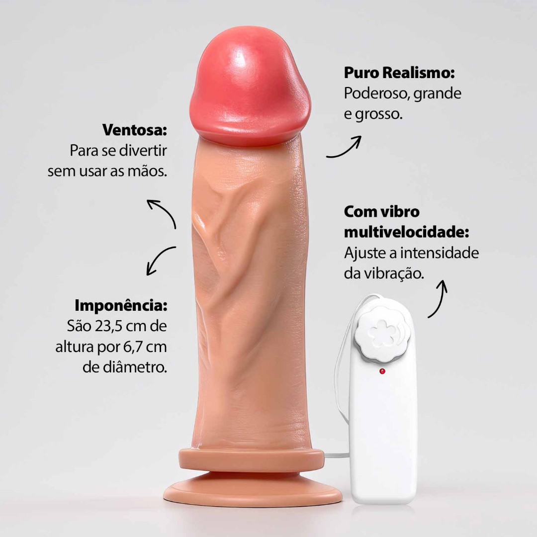 Pênis Hades 23,5x6,7cm Com Vibrador e Ventosa - Gigante Grosso e Flexível Bege
